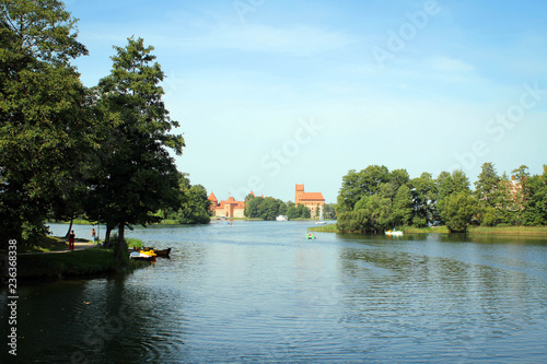 Scenic view of Trakai Castle and lakes by early autumn, Lithuania