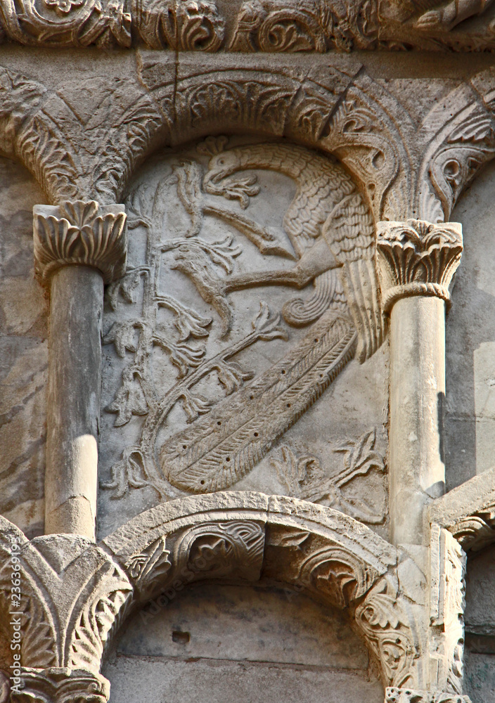 Φωτογραφία pavone; bassorilievo in facciata; chiesa romanica di Santa Maria della Piazza, A