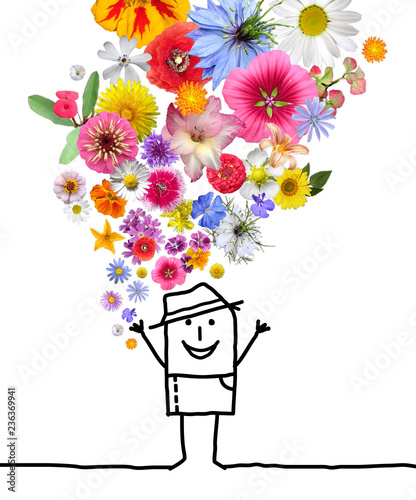 Cartoon Man Throwing Up a Colorful Flowers Set photo