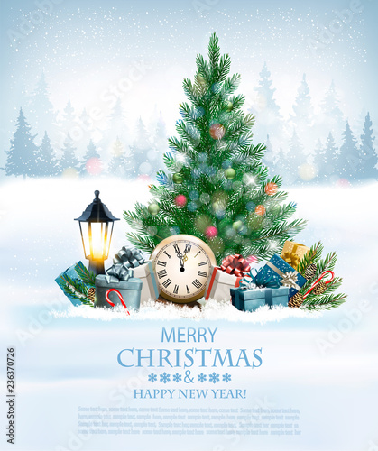 Holiday background with a Christmas tree and gift boxes and landscape. Vector