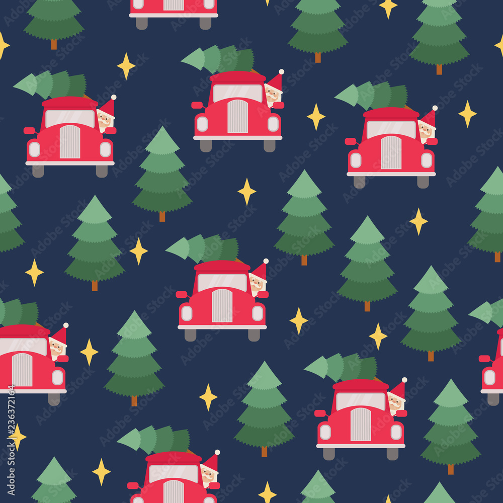 Santa Claus driving Christmas tree vector seamless pattern