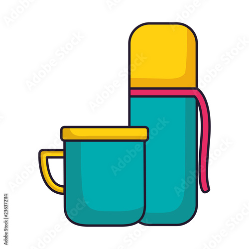 thermos bottle and cup on white background