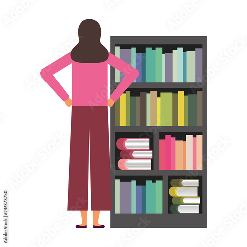 woman with bookshelf books literature