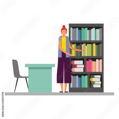 woman with bookshelf desk and chair