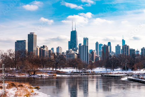Chicago Skyline viewed from South Pond in Lincoln Park Chicago