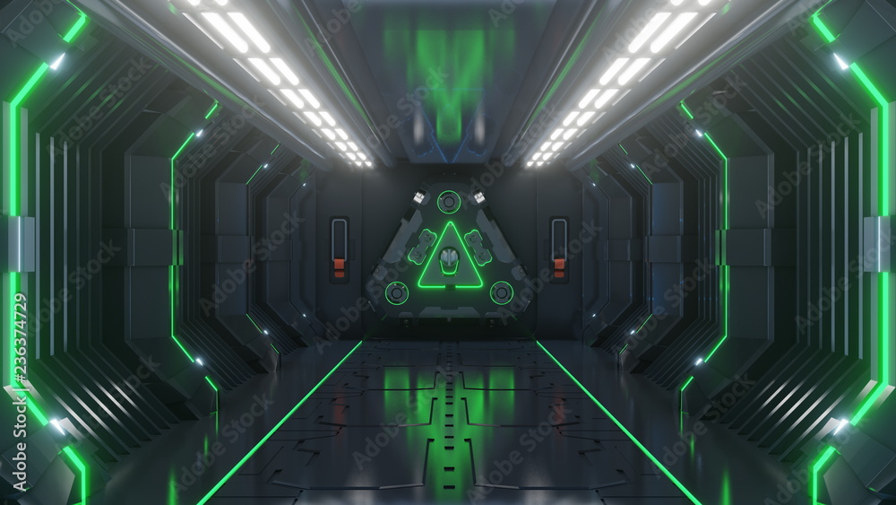 Empty light green studio room futuristic Fi big hall with lights Future background for design,Walk on the spaceship,3d rendering Stock | Adobe Stock