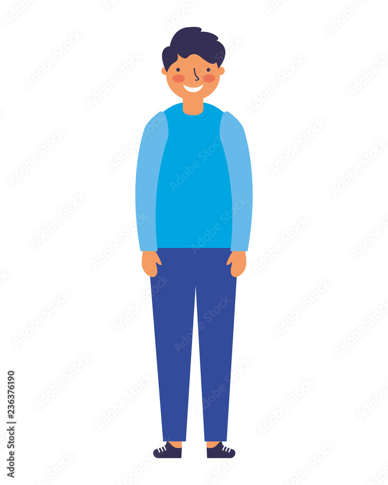 young boy standing on white background