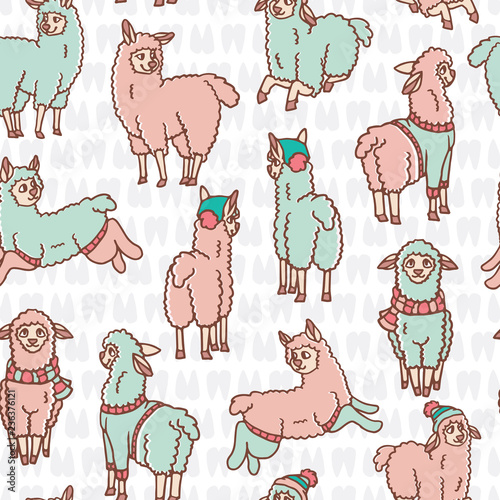 Pastel colors cartoon alpaca llamas herd seamless pattern. Hand drawn flat childish style vector illustration. For summer fashion prints, trendy background textures, packaging or kids room decor. 