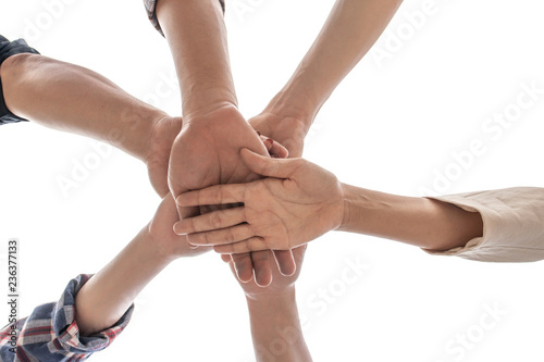under view friendship People partnership teamwork  stacking hands on white background   Business  teamwork concept