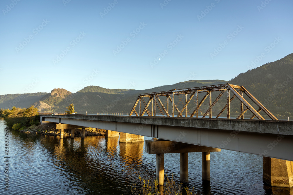 Transportation bridge over the Columbia River built near the railway bridge