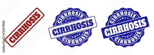 CIRRHOSIS grunge stamp seals in red and blue colors. Vector CIRRHOSIS labels with distress style. Graphic elements are rounded rectangles, rosettes, circles and text labels.
