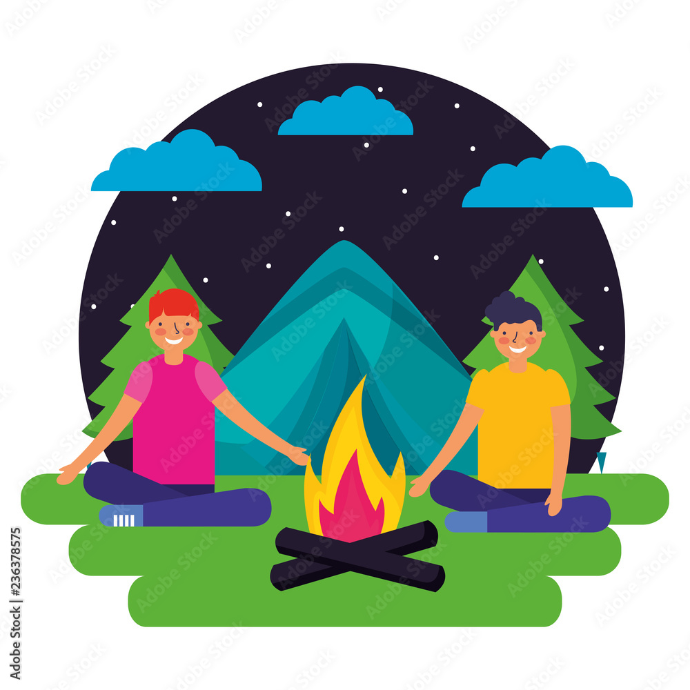 Obraz premium boys tent forest night landscape camping