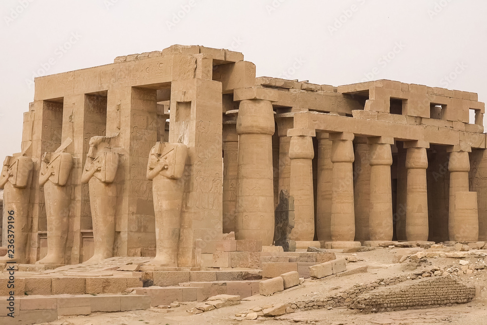 Buildings and columns of ancient Egyptian megaliths. Ancient rui