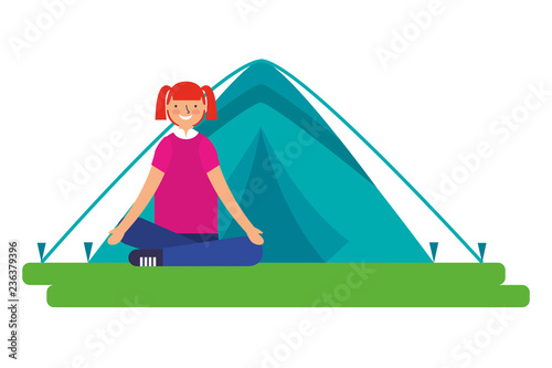 girl sitting crossed legs with tent camping
