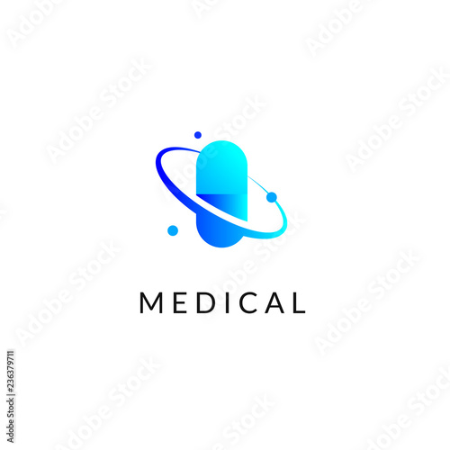 Flat medicine icon blue gradient emblem logos, web online concept. Logo of pill, atom, planet, pharmaceutical icons