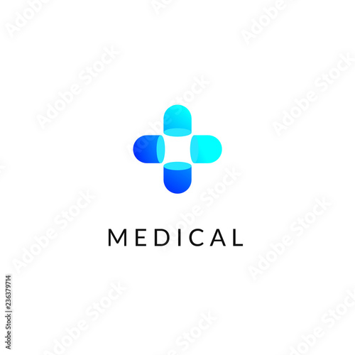 Flat medicine icon blue and green gradient  emblem logo, web online concept. Sign of pills, medical cross, pharmaceutical icon