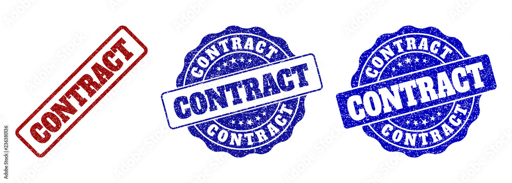 CONTRACT grunge stamp seals in red and blue colors. Vector CONTRACT overlays with grunge texture. Graphic elements are rounded rectangles, rosettes, circles and text labels.