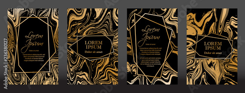 Gold marble texture and geometric frames on black backgrounds vector set. Luxury design for brochure, banner, vip invitation, cover, business card. Gold foil black marble pattern texture and frames.