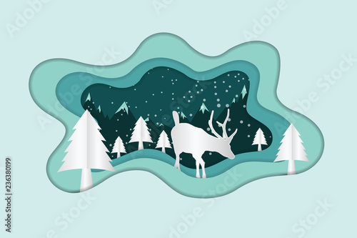 Merry Christmas abstract paper cut illustration of snow and deer 5