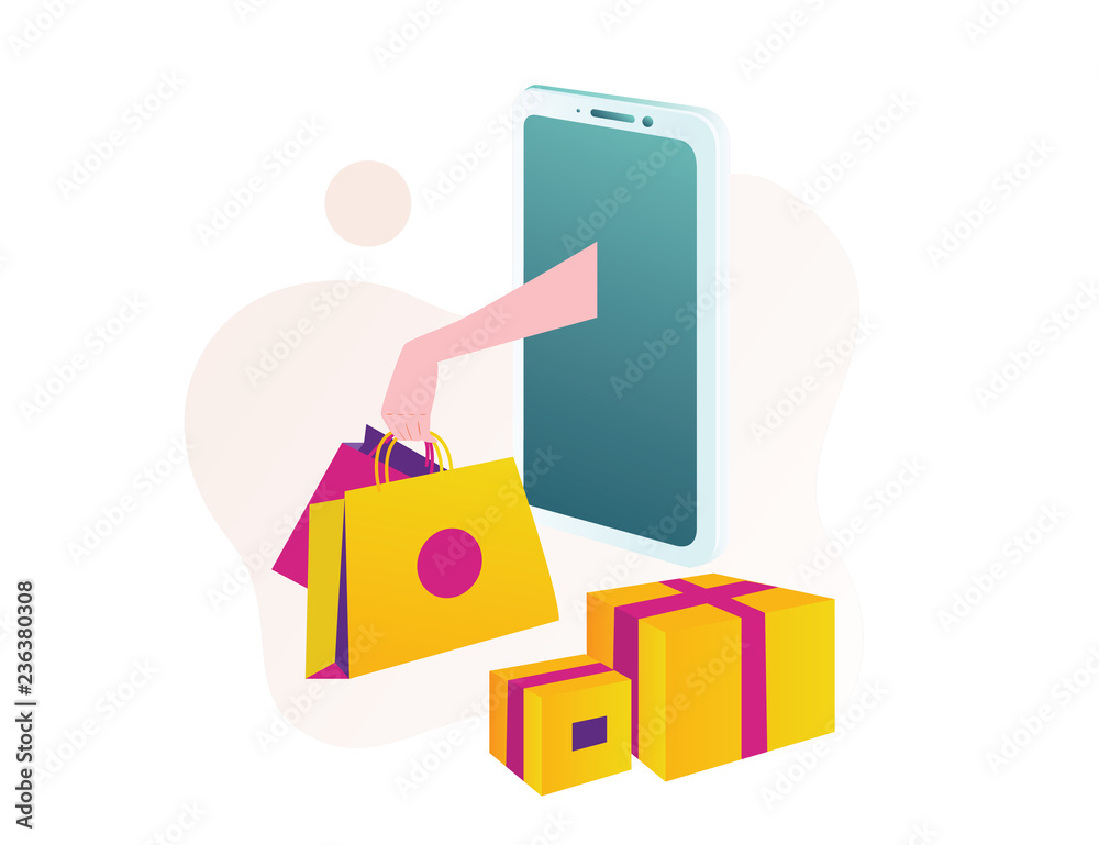 Hand out of the smart phone isometric online shopping Hand out of the smart phone isometric online shopping