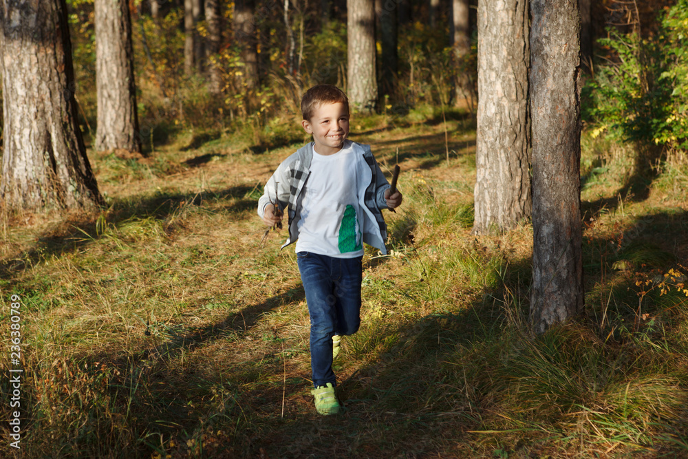 Boy in a plaid shirt, white t-shirt and blue jeans runs through the autumn pine forest.