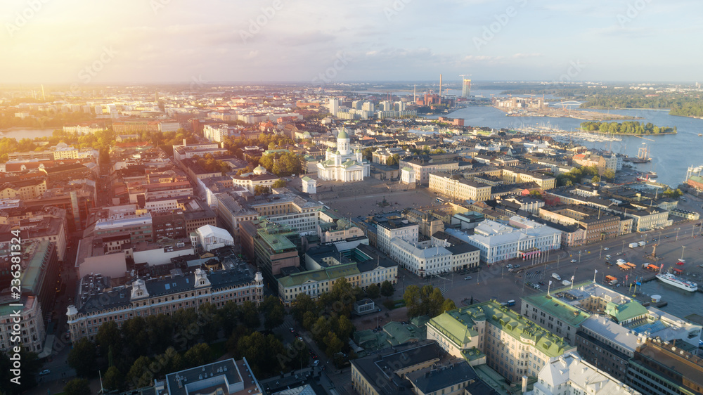 Beautiful aerial view of Helsinki city at sunset. Cathedral.