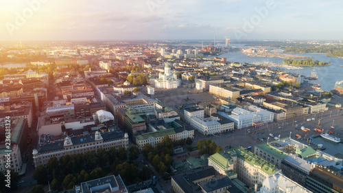 Beautiful aerial view of Helsinki city at sunset. Cathedral.
