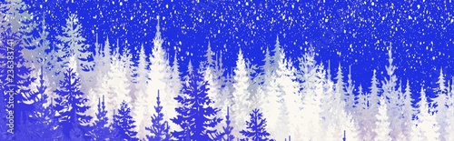 winter wonderland magical pine forest with glowing lights, mist and mood, snowy, wintery woodland treeline in wide header banner illustration