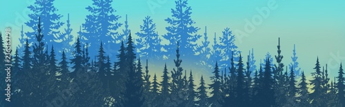 winter wonderland magical pine forest with glowing lights, mist and mood, snowy, wintery woodland treeline in wide header banner illustration