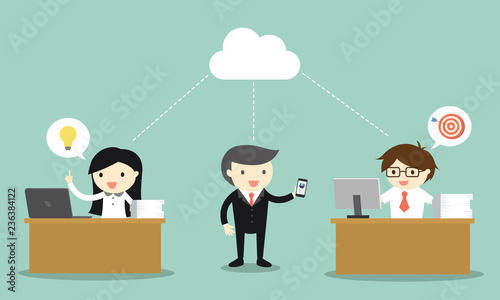 Business concept, business people share idea and target via cloud computing. Vector illustration.