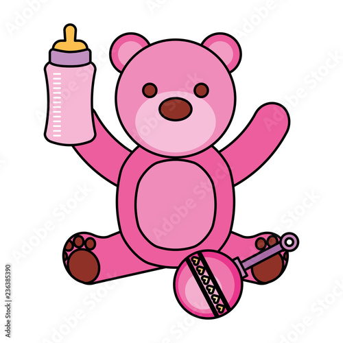 pink bear milk bottle and rattle