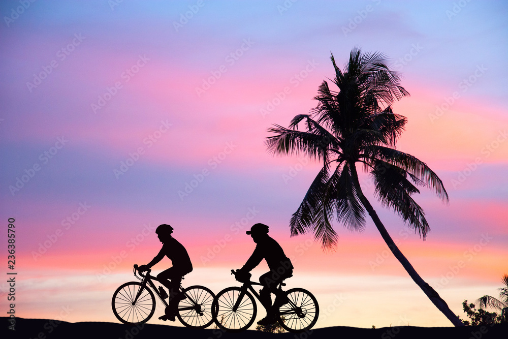 Fototapeta premium bike riding silhouette Beautiful color The sun sets Coconut tree near