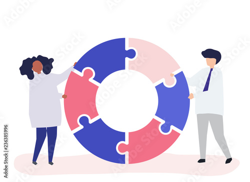 People carrying jigsaw pieces of a donut chart