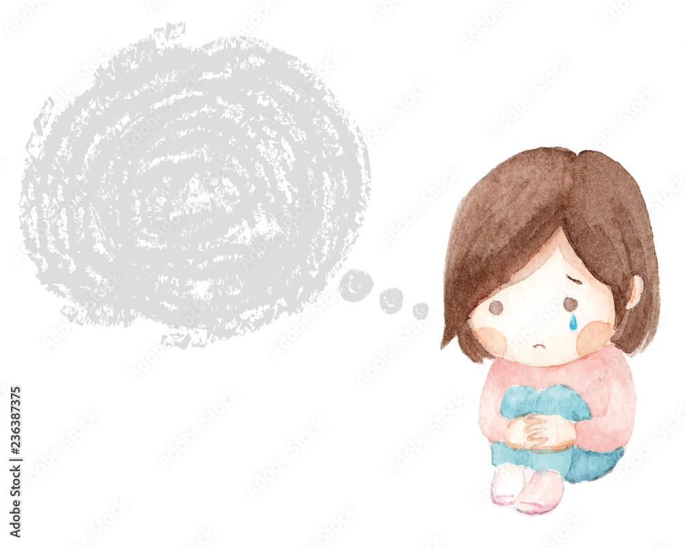 Obraz premium ひざをかかえて泣く女の子 ふきだし 水彩画