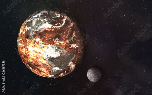 Dead planet earth and moon in the space. Global warming concept. Science fiction. Elements of this image were furnished by NASA