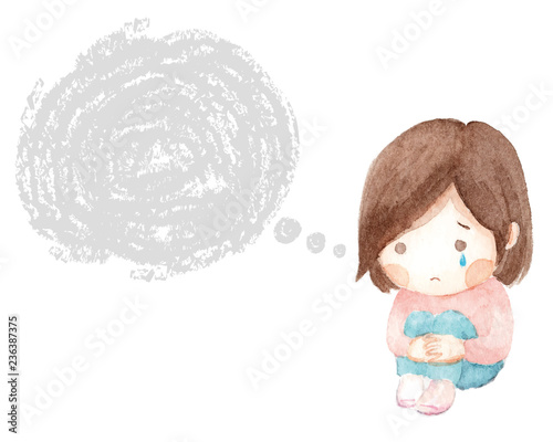 ひざをかかえて泣く女の子　ふきだし　水彩画