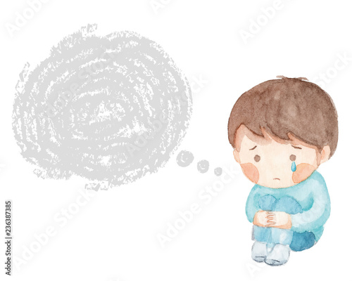 ひざをかかえて泣く男の子　フキダシ　水彩画