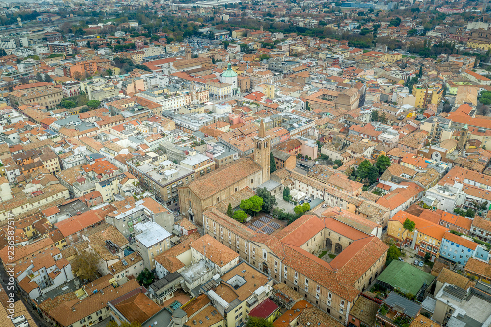 Aerial panorama view of the Adriatic beach town Rimini in the winter with the ancient Tiberius bridge, Sismondo Malatesta castle and Gothic  city hall