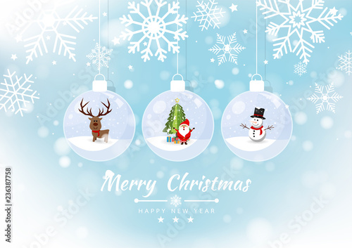 Merry Christmas glass ball with element collection banner. reindeer, santa, snowman at snow on Blur bokeh of light on background. Vector illustration