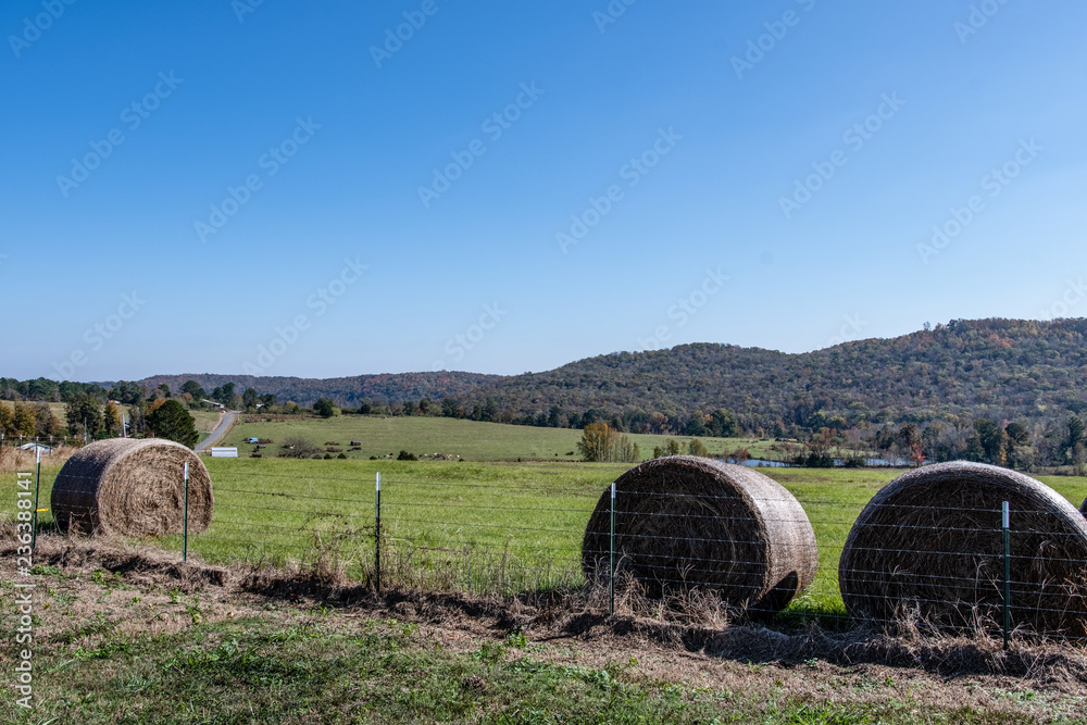 Countryside landscape with round hay bales and mountain