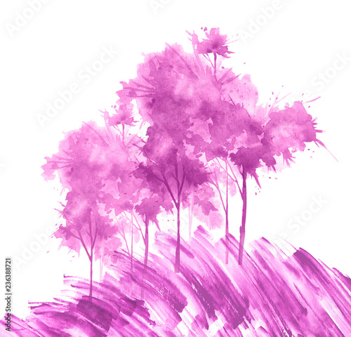 Watercolor tree of pink  purple color on a white isolated background.Wild grass in the wind. Single cherry sakura pink tree isolated. Country landscape  forest. Aspen  maple  bushes  autumn forest.