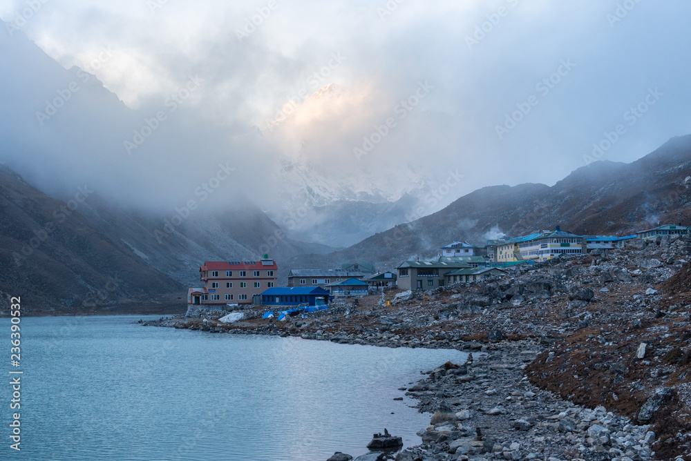 Gokyo village with Gokyo lake and snow mountain in background on everest base camp trekking route region,Nepal