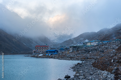 Gokyo village with Gokyo lake and snow mountain in background on everest base camp trekking route region,Nepal