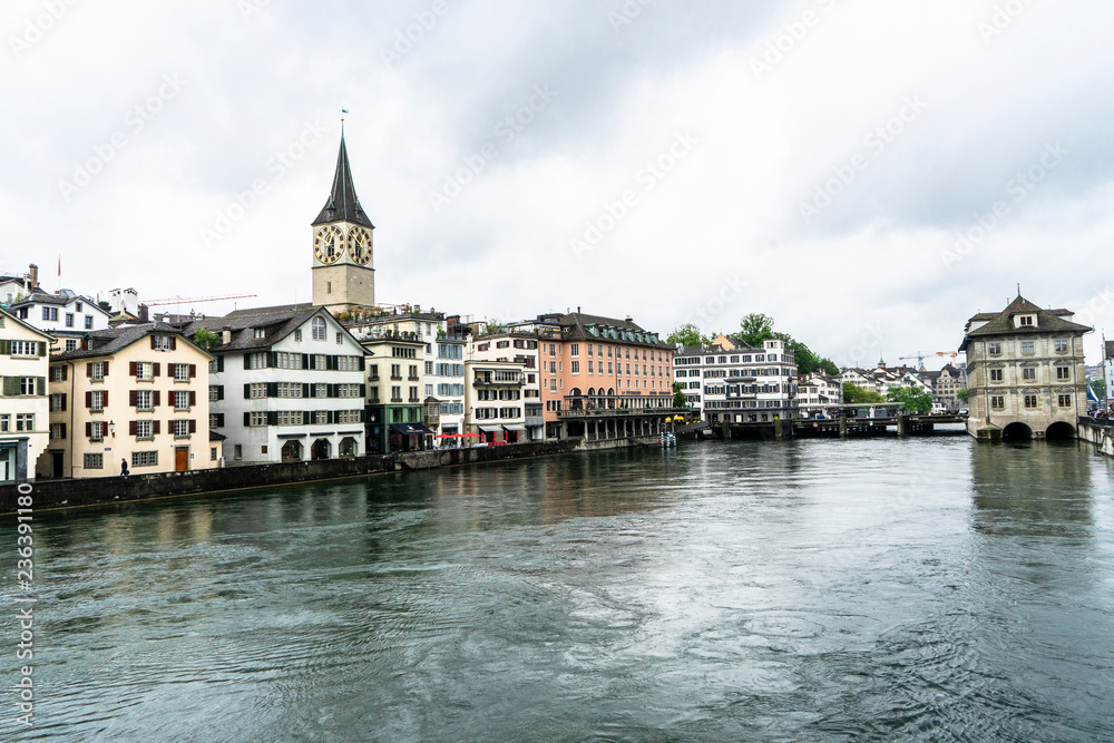 A view of the buildings along the riverbank in Zurich