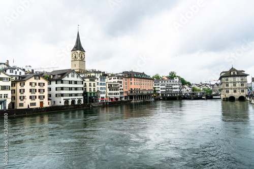 A view of the buildings along the riverbank in Zurich