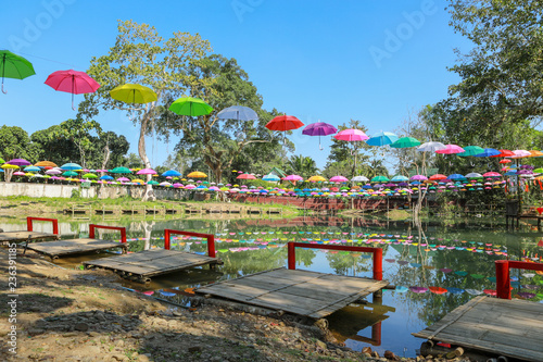Fototapeta Naklejka Na Ścianę i Meble -  Decorative color umbrellas, Open space, Colorful umbrellas