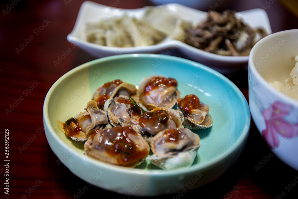 Kkomagmuchim, Spicy Blood Cockle Salad, Korean Food Kkomagmuchim, Spicy Blood Cockle Salad, Korean Food