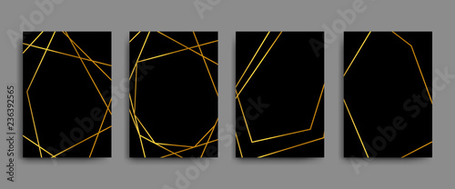 Vector elegant flyers, brochures, cards, banners with gold geometric borders on black background