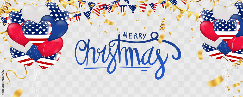 Obraz premium Christmas party poster template and Happy New Year Party . Glossy Balls. Vector illustration Hand written lettering, sparkling typography