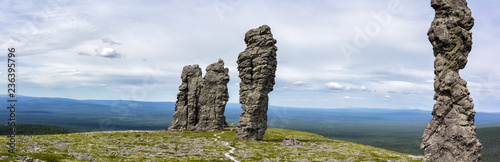 Panoramic view of the Manpupuner, or the Exposure Column - a geological monument in the Northern Urals of Russia.